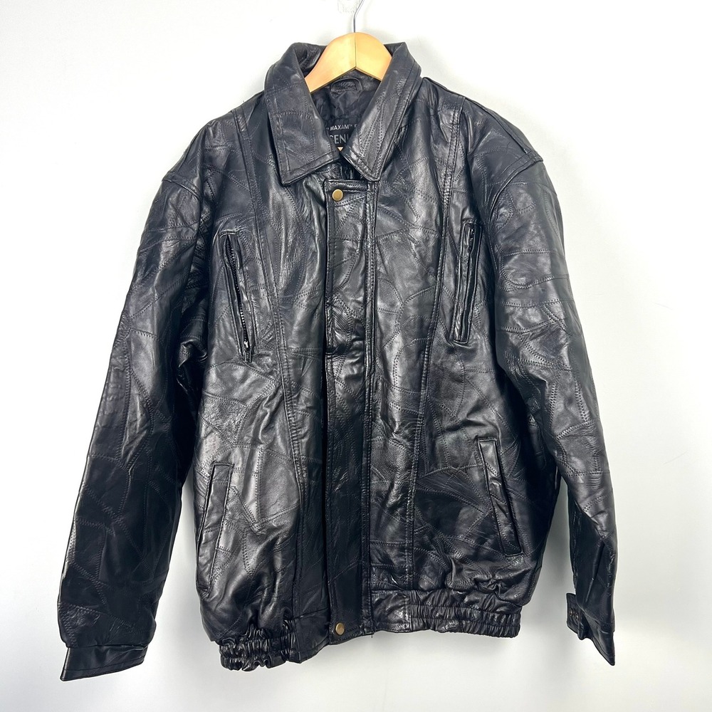Maxam‎ Mens XL Black Top Grain Lambskin Leather Patchwork Jacket Biker Moto 90s